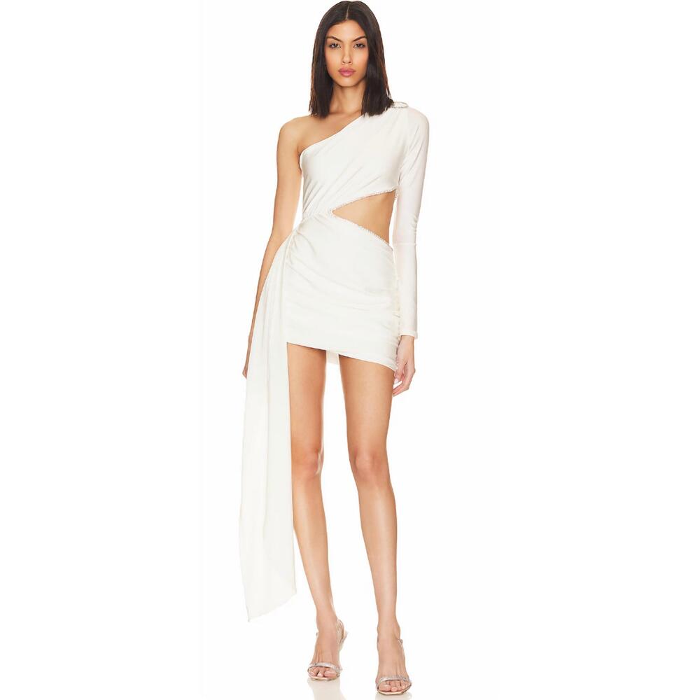 NEW KHANUM'S one shoulder sash mini dress in arctic ivory